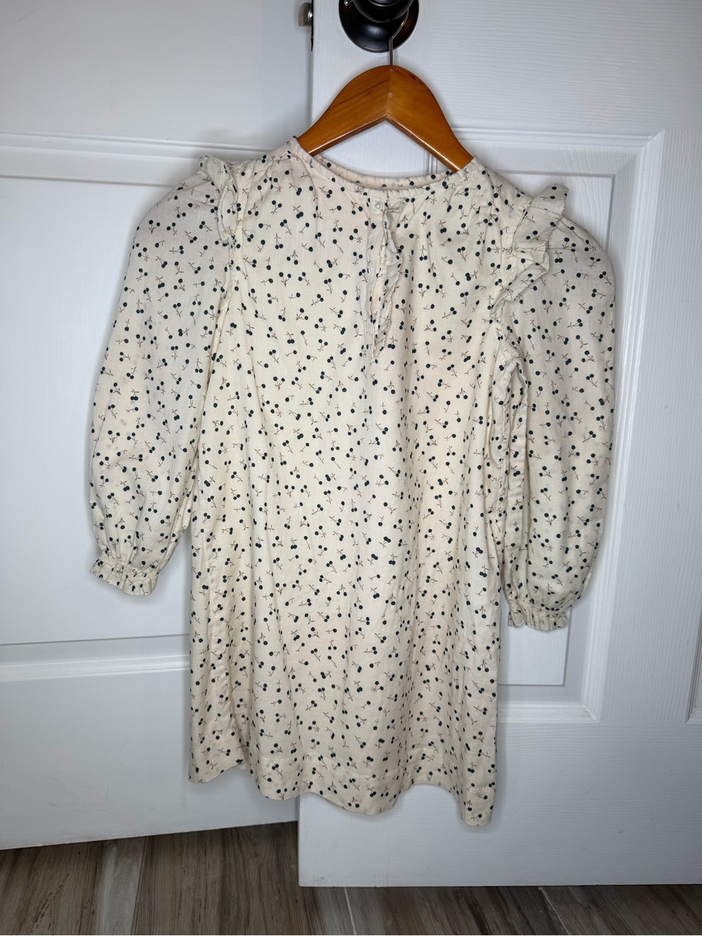Bonpoint Beige Off White Long Sleeve Cotton Blueberry Print Dress Girls Sz 8A